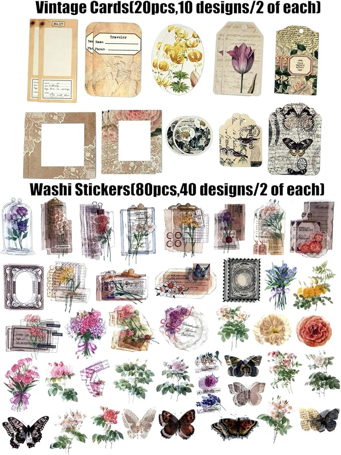 Esweny 260PCS Vintage Journaling Scrapbooking Supplies Scrapbook Sticker Paper Ephemera Pack for Junk Journal Planners Collage Craft Notebooks Album (Flowers and Butterflies)