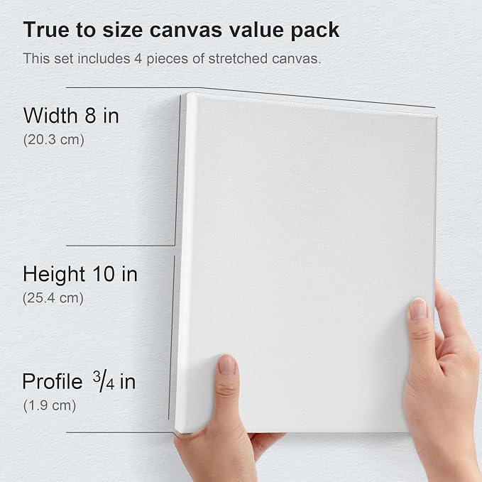 PHOENIX Professional Stretched Watercolor Canvas - 8x10 Inch/4 Pack, 100% Cotton Water Color Canvases for Painting, 8 Oz. / 260g White Blank Medium Texture Canvas for Water Based Paints