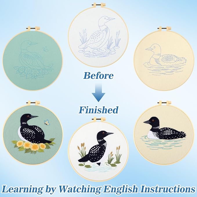 Mindsoft 3 Set Needlepoint Kit for Beginners with Hoop,Loon | Bamboo Hoop Thread Needles Instructions, Easy Hand Embroidery for Beginners Home Crafts,Pre-stamped Funny Cute Designs