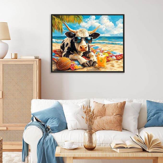 Paint by Numbers Kit for Adults, Funny Beach Cow Number Painting Canvas Kit | DIY Acrylic Painting Set for Beginners, Stress Relief Relaxing Craft, Home Wall Decor, Holiday Gift for Adults, 16x20 Inch