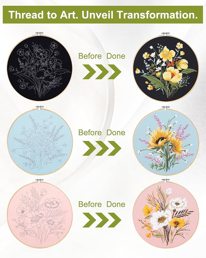 Santune 3 Pack Flower Embroidery Kit for Beginners Adults Cross Stitch Needlepoint Kits Hand Craft with Plant Patterns,3 Instructions,1 Hoop,Threads and 6 Needles