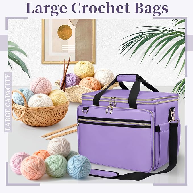 Anitor Large Crochet Bag Knitting Bag Yarn Storage Tote, Yarn Bag, Purple