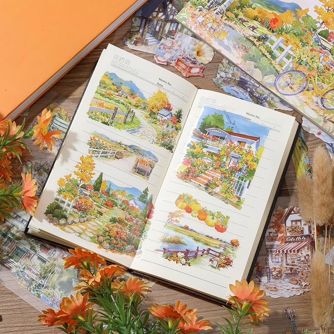 PET Autumn Sticker 20 Sheets 150 Pre-Cut Fall Stickers for Scrapbooking Landscape Scrapbook Sticker Transparent Stickers for journaling