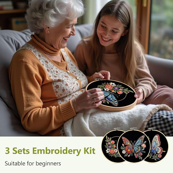 Santune Embroidery Kit Needlepoint Cross Stitch Kits for Beginners Adult Needle Point Sets with Butterfly Embroidery Patterns, Includes Step-By-Step Instructions and Accessories