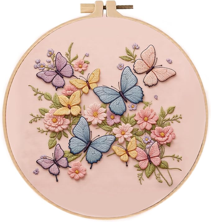 Embroidery Kit for Beginners & Adults Starter Kit, Cross Stitch Kits,DIY Hand Embroidery Needlepoint Set with Hoop, Pre-Printed Fabric, Threads and Instructions (Butterfly)