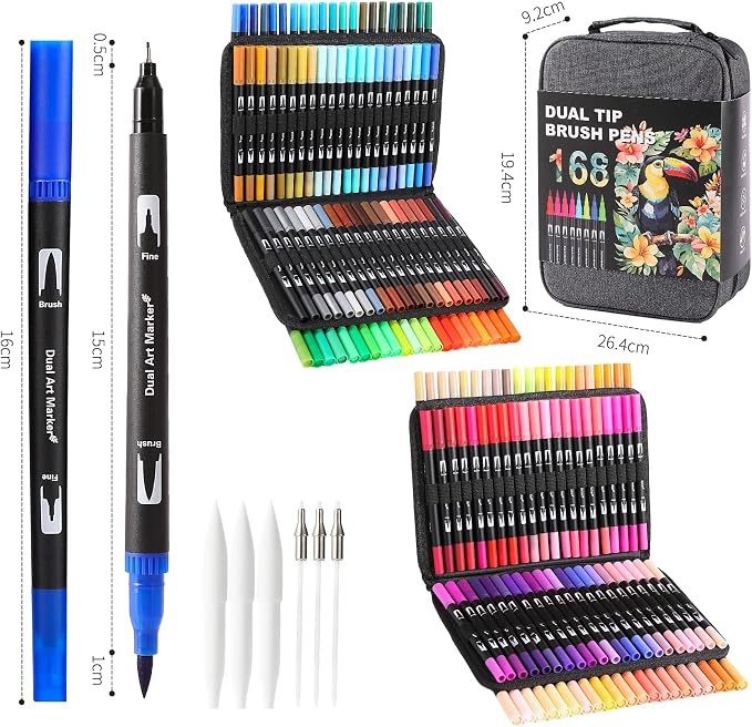 168 Colors Dual Tip Watercolor Markers Pens for School Supplies-Brush&Fine | Coloring Markers No Bleeding for Adult Coloring Books Calligraphy Card Making Sketching Journaling Note Taking Planner Travel