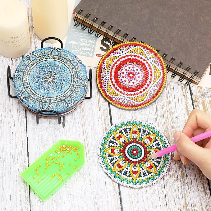 UPINS 8Pcs Mandala Diamond Art Painting Art Coasters Kits with Holder | Diamond Art Non Slip Coaster Kits,DIY with Holder crafts for Adults,Diamond Art Painting Kits Supplies for Christmas Gift