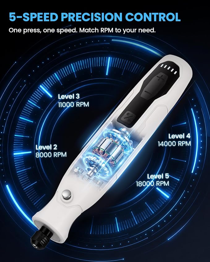 HARDELL Cordless Rotary Tool kit, 5-Speed 70pc Kit for Sanding & Engraving | 5000-18000RPM, LED Light, USB-C Fast Charge, Stall-Free Torque, for Polishing Jewelry, Resin, Wood, Plastic & DIY Crafts
