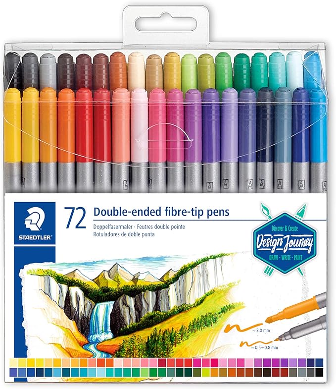 STAEDTLER 3200 TB72 Design Journey Double-Ended Fibre-Tip Pens with Two Nibs - Narrow and Wide, Pack of 72