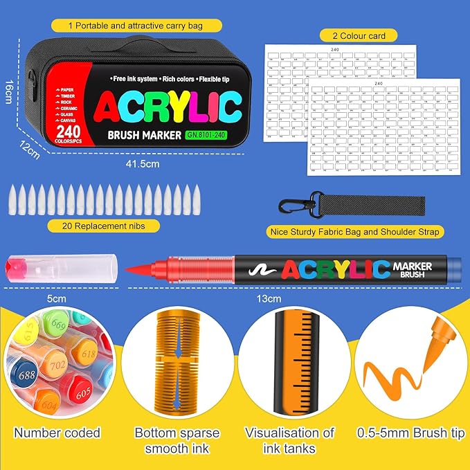 Amamao 240 Colors Acrylic Paint Markers with Soft Brush Tip, Travel Case
