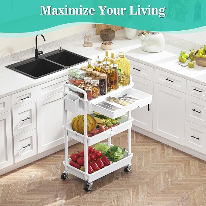 SUNALLY 3 Tier Rolling Cart with Drawer, Craft Storage Cart Organizer,White