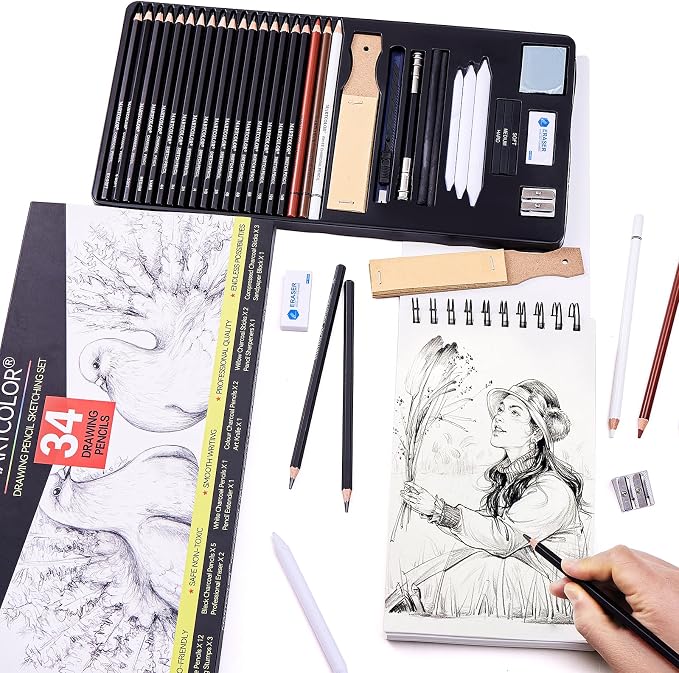 MARTCOLOR Drawing Sketching Pencils Set, 34 Pieces Graphite Pencil (14B-4H) | Pro Art Pencil Kit with Charcoal Pencils, Charcoal Sticks, Artist Pencils for Beginners & Pro Artists