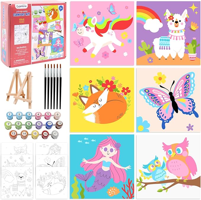 goldentime Kids Paint by Number Kits Including 6 Pre-Drawn Canvas for Painting, 6 Brushes 17 Paints and 2 Easels, Perfect Art Painting Kit, Arts and Crafts Painting for Kids Ages 8-12