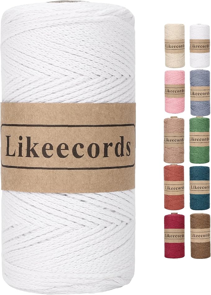 Likeecords 100% Cotton Crochet Bag Cord 2mm 170m Macrame Cord 2mm Crochet Thread Macrame Rope Gift for Knitter (White)