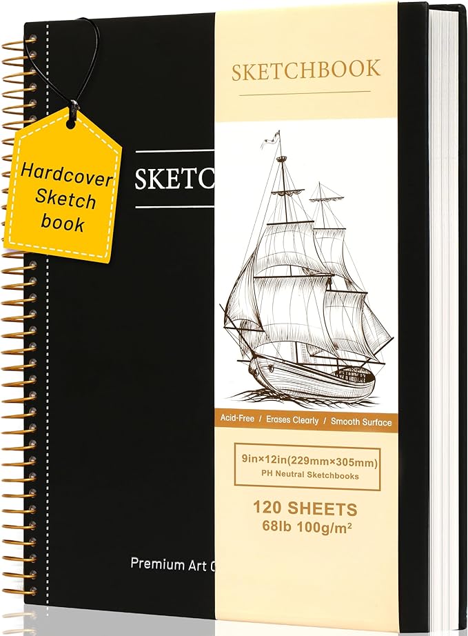 Yoment 9"x12" Hardcover Sketchbook for Drawing，120 Sheets，100GSM | Black,Spiral Bound Sketch Pad Premium Art Sketchbook Artistic Drawing Paper Pad for Kids Adults Beginners Artists
