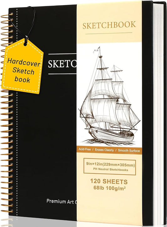 Yoment 9"x12" Hardcover Sketchbook for Drawing，120 Sheets，100GSM | Black,Spiral Bound Sketch Pad Premium Art Sketchbook Artistic Drawing Paper Pad for Kids Adults Beginners Artists