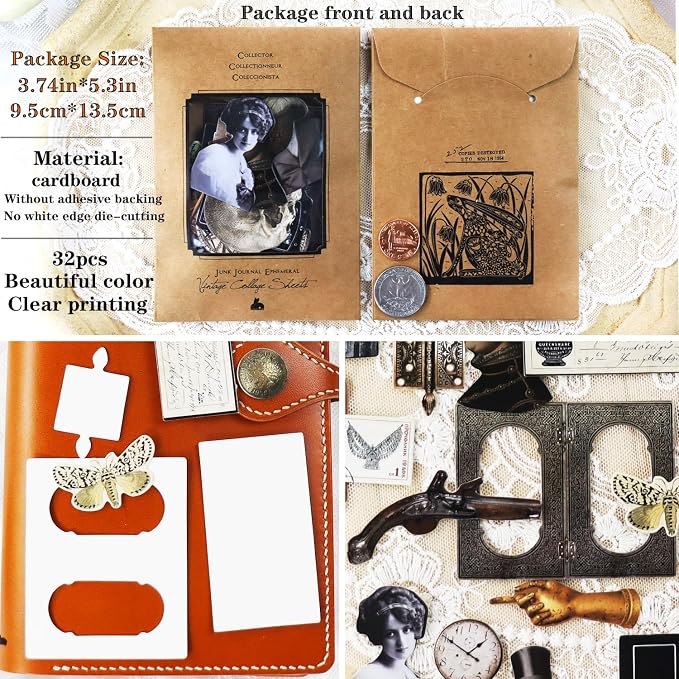 CATaireen Vintage Junk Journal Items Kit Pre Cut Paper Cards Cutout Cardstock Art Aesthetic Decor Hollow Out Craft Elements Small Embellishments Supplies for Adults Scrapbook Pack (Characters)