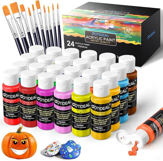 GOTIDEAL Acrylic Paint Set, 24 Colors (59ml, 2 oz), with Paint Brushes | Art Craft Paint for Adults and Kids, Perfect for Artist, Beginner, Ideal for Wood, Canvas, Rocks, Outdoor Painting Supplies