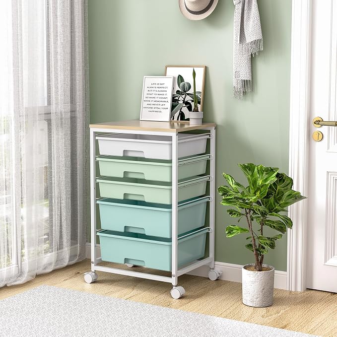 SYKIARIOL Rolling Cart with Drawers,5 Drawers Storage Cart,Light Green | 5-Tiers Utility Cart with Drawers with Lockable Wheels for Craft Organizers and Storage,Home Office,Classroom,Dorm,Playroom