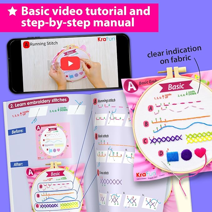 KRAFUN My First Embroidery Kit for Kids & Teens Age 8+ | 8 Projects