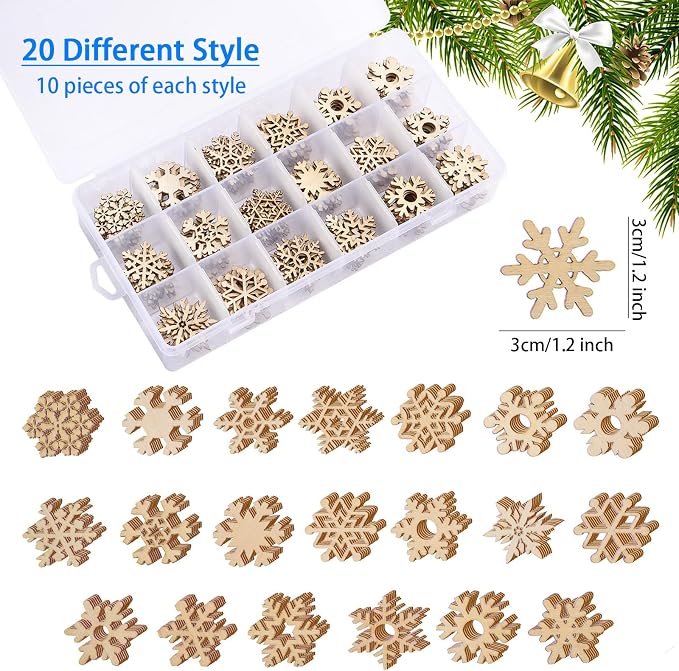 200 Pcs Unfinished Wooden Snowflake Ornament DIY Wood Snowflakes Cutouts Blank Wood Slices Christmas Tree Hanging Ornaments Embellishments for Winter Christmas Xmas Tree Craft Decorations,1.2 Inch