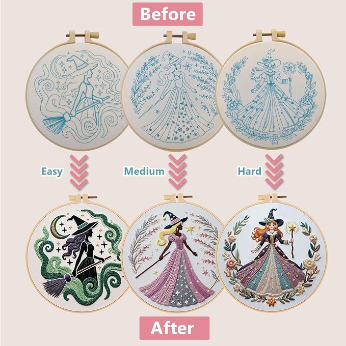 Embroidery Kit for Adults, Pre-Stamped Pattern Embroidery Kit for Beginners, Hand Needlepoint Starter Kit with Hoop Thread Needle Instruction, 7.9'' Hoop (Witch 3 Packs)