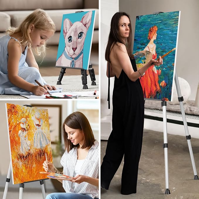 Art Painting Display Easel Stand - Silver Adjustable Floor Artist Easel | Aluminum Metal Tripod Silver Stand with Bag, Height from 17" to 66", Sturdy for Table-Top/Floor Painting, Drawing, Displaying