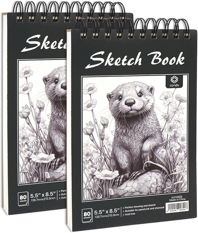 CONDA 5.5 x 8.5 Sketchbook Book - Top Spiral Bound Pad, 2 Packs of 100-Sheets (68lb/100gsm) Acid Free Artistic Paper for Drawing, Painting, Writing - Ideal for Beginners Artists