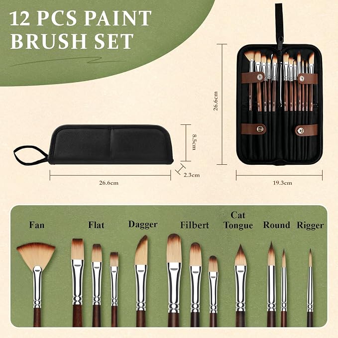 REDSHELL 12pcs Paint Brush Set, Acrylic Oil Painting Brushes for Artists | Professional Watercolor Brush Kit with Flat, Fan, Filbert, Round, Rigger, Travel Paintbrush for Face Painting, Gouache