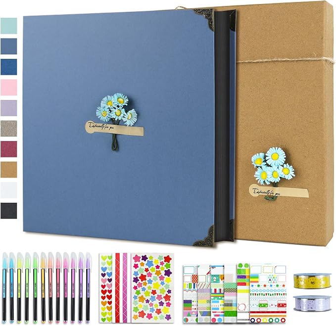 Vienrose DIY Scrapbook Photo Album Kit,12x12 Inch,60 Pages,Light Blue | 30 Sheets,Hardcover,3-Ring Removable Black Paper,Pens,Tapes,Stickers,Gift for Lover Friends Kids Wedding Valentine's