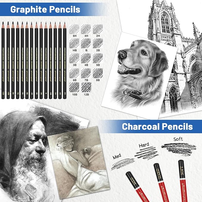 78pcs Drawing Kit Sketching Set Art Supplies with 3-Color Sketchbook Colorful Portable Case Colored Graphite Charcoal Watercolor Mettallic Pencil sketch draw gift set for Artist Adult Beginner