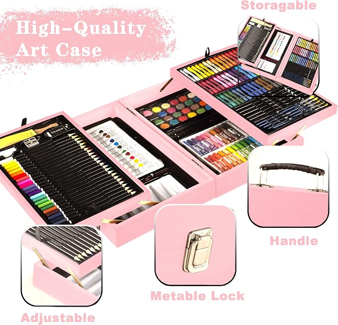 KINSPORY 168 Pack Wooden Art Set, Deluxe Painting Drawing Kit with 3 Coloring Books, Oil Pastels, Watercolor Paints, Art Crafts Supplies, Creative Gift for Beginners, Kids, Boys, Girls & Artists