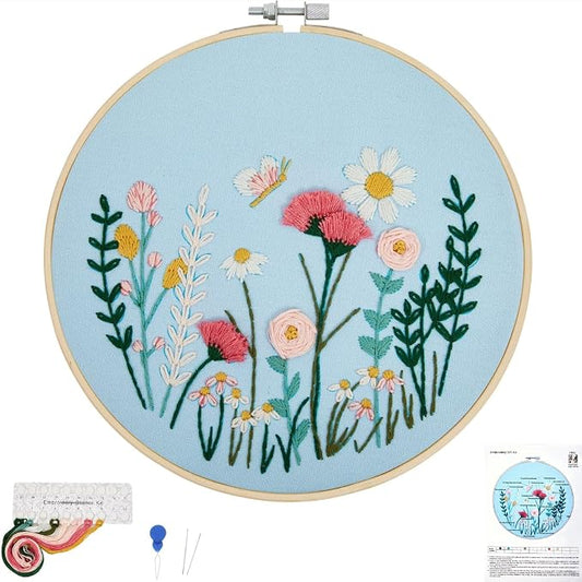 Flower Embroidery Kits for Beginners Adults, Hand DIY Embroidery Art Kits, Floral Stamped Cross Stitch Kits for Beginner Adults Craft Kits for Women, Entire Set of Embroidery Supplies & Video Tutorial