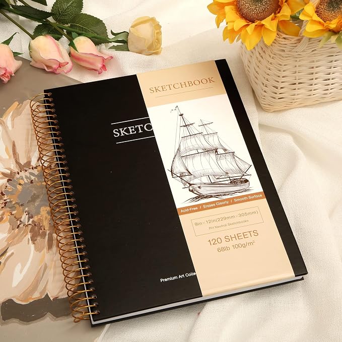 Yoment 9"x12" Hardcover Sketchbook for Drawing，120 Sheets，100GSM | Black,Spiral Bound Sketch Pad Premium Art Sketchbook Artistic Drawing Paper Pad for Kids Adults Beginners Artists