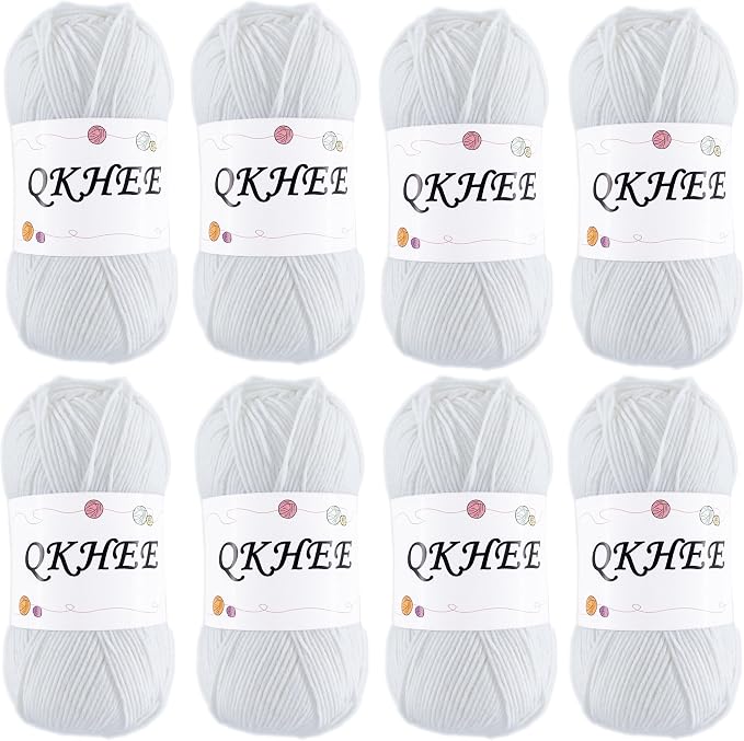 QKHEEYarn for Crocheting and Knitting 8 * 1.76 Oz (50G) /195yd,Fine/Fingering Weight (1), 60% Cotton 40% Acrylic Soft Yarn kit for Making Granny Squares and amigurumi (White)
