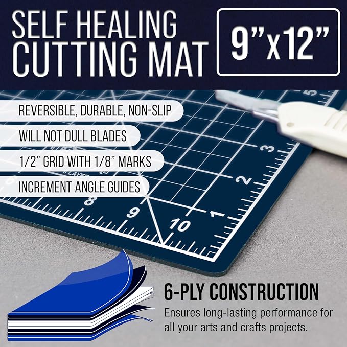 U.S. Art Supply 9"x12" Self-Healing Cutting Mat 5-Ply White/Blue | Double-Sided White/Blue Craft Mat, Non-Slip Cutting Mats for Crafts, Sewing, Quilting, Scrapbooking