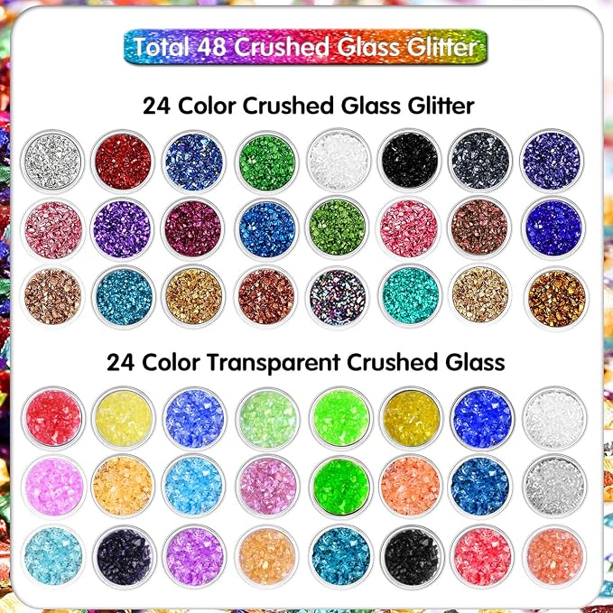 48 Box Crushed Glass Craft Glitter Fine for Resin Art, Small Broken Glass Pieces Irregular Metallic Crystal Chips Chunky Flakes Sequins for Nail Arts DIY Vase Filler Epoxy Jewelry Making Decoration