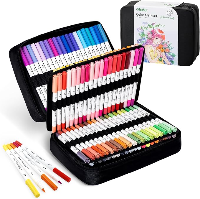 Ohuhu Adult Coloring Book Markers Paper-friendly Water-Based 120 Color-Pupe