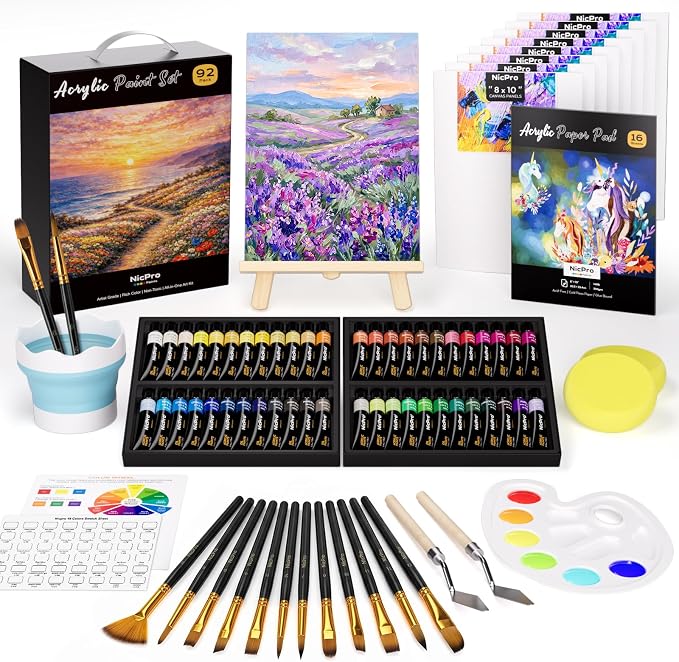 Nicpro 92PCS Acrylic Paint Canvas Set for Adults with 48 Paint for Artist | Acrylic Paints, Table Easel, 8 Canvas Panels, 12 Brushes, Paper Pad, Cleaning Cup, Sponge, Palette, Art Painting Supplies Kit