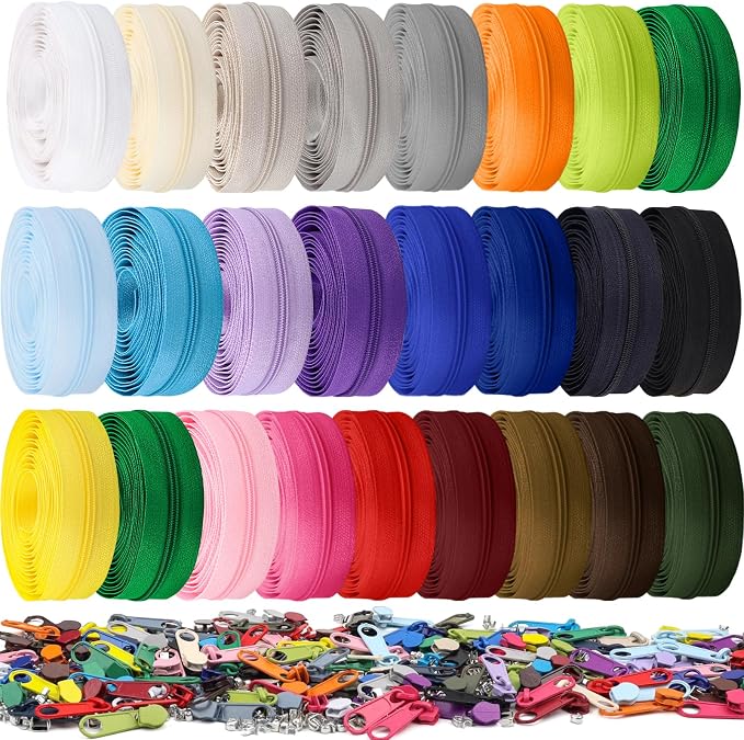 DOITEM 77.5 Yards 25 Pieces Sewing Zippers #3 Nylon Coil Zippers Assorted Zipper for Sewing with 150 Zipper Sliders for DIY Tailor Sewing Crafts Supplies, 25 Color