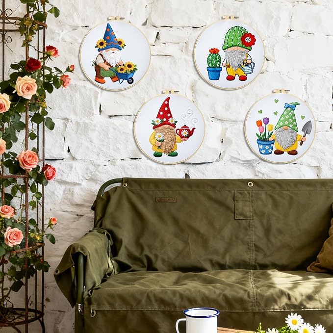 BEUNITONE 4 Set Gardener Gnome Embroidery Kit for Adult Beginners with Hoop | Needlepoint Craft Kits Complete DIY Handmade Cross Stitch Set with Pre-Printed Designs for Home Decor and Gifts 20x20cm