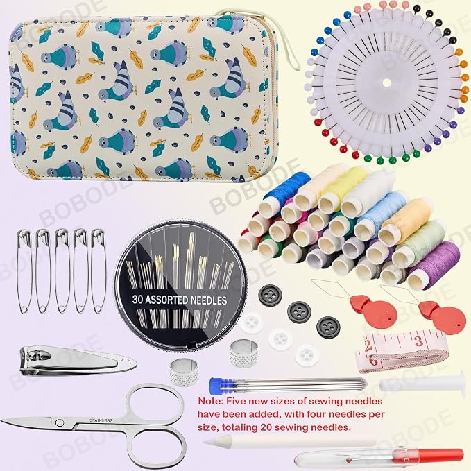 Printing Travel Sewing Kit with 130PCS Basic Sewing Supplies Accessories | Pigeon Cartoon Professional Sewing Kit for Adults,Emergency,Arts Craft & Beginners