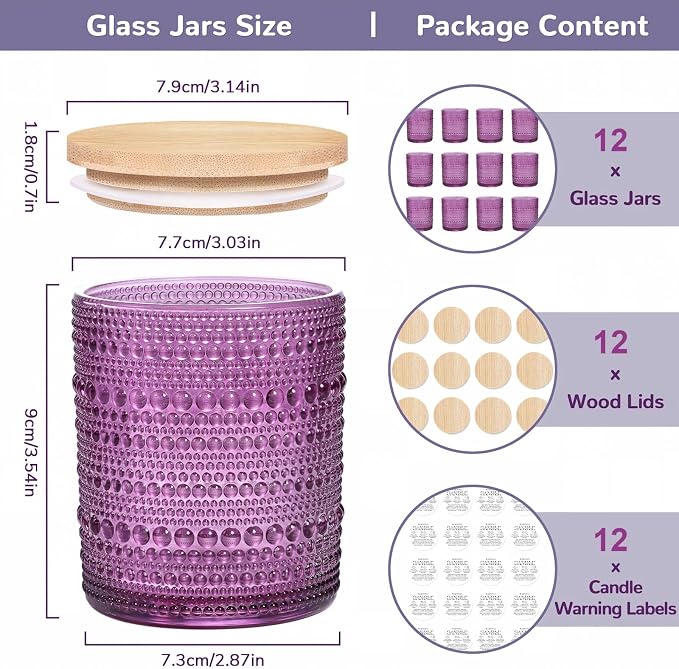 DARJEN 12 Pcs 10 oz Glass Candle Jars with Lids, Candle Tins-Purple | Thick Wall Ribbed Glass, Airtight Wood Lids- The go to candle jar for DIY, thoughtful gifters, growing candle brands