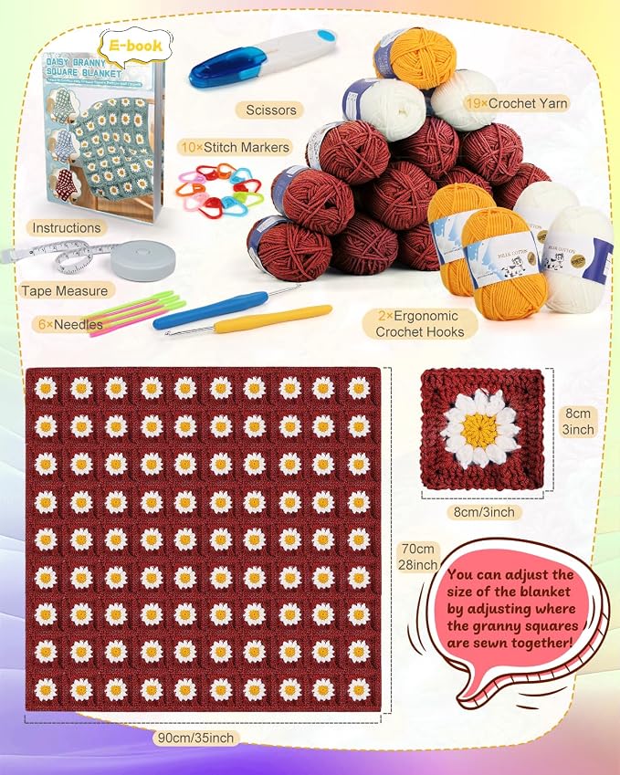 Coopay Crochet Kit for Beginners, Granny Square Crochet Blanket Kit, Red | Crochet Kit W/Video Tutorial & Digital Instructions, All Accessories Included, Easy Knitting to Create Granny Square Blanket