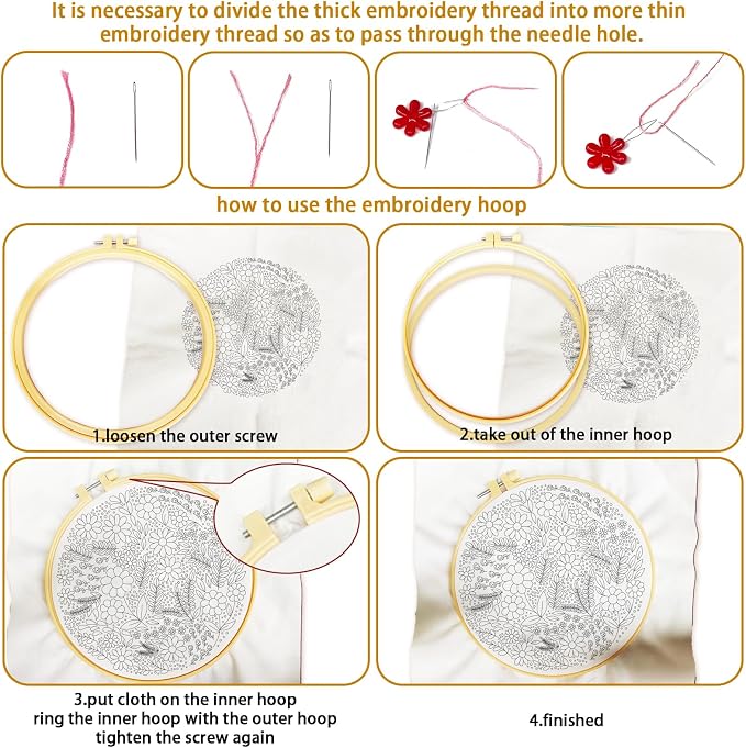 BEUNITONE 4 Set Covered Flower Embroidery Kit for Beginners 7.9"x7.9" | DIY Complete Needlepoint Kits for Adults, Cross Stitch Starter Kit with Hoops, Handmade Needlework for Gifts and Home Decor