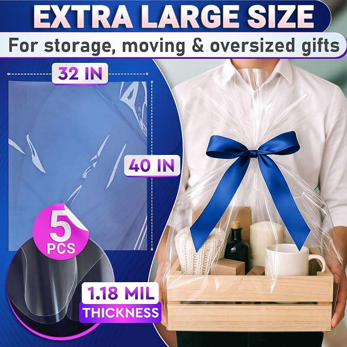 5 Pcs Shrink Wrap Bags for Gift Baskets, 32x40 in, Dust Cover | Clear Cellophane Bags for Hampers; Large Clear Gift Wrap; Heat-Shrink Finish; for Presents, Clothes Storage & Holiday Baskets