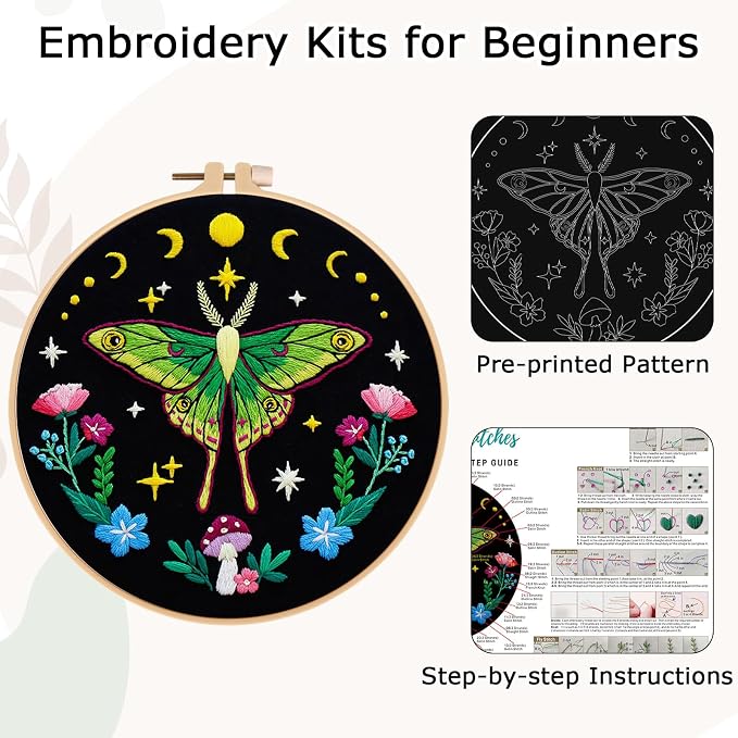 Nuberlic Moth Embroidery Kits for Beginners,Cross Stitch Kits | Embroidery Starter Needlepoint Including Cloth with Pattern, Hoop, Needles Instruction and Threads,Gifts and Home Decor