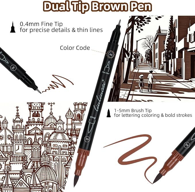 LIULIUCAI 10 Brown Dual Markers, Fine & Brush Tip Pen for Adult Coloring