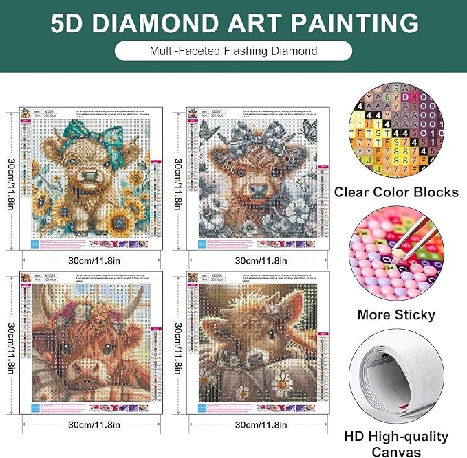 4 Pack Diamond Art Kits for Adults, Cow Diamond Painting Kits 12x12 inch