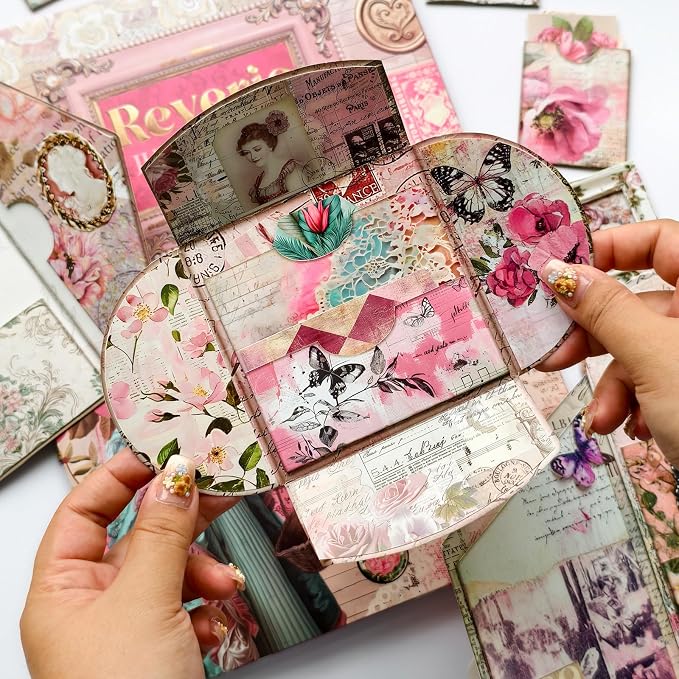 ZHIJIANHZ Junk Journal Kit Pink Romantic Ephemera Set for Scrapbooking
